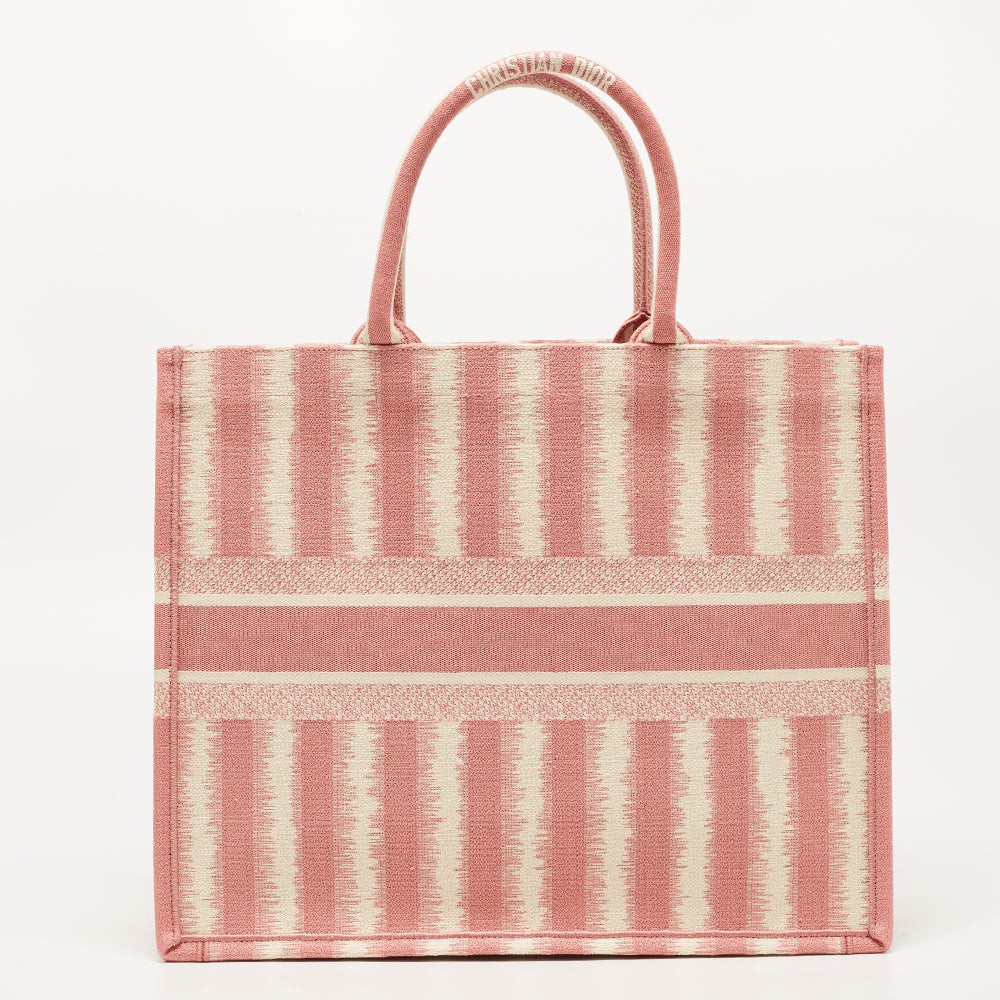 Luxury DiorPink/White Embroidered Canvas D-Stripe Book Tote