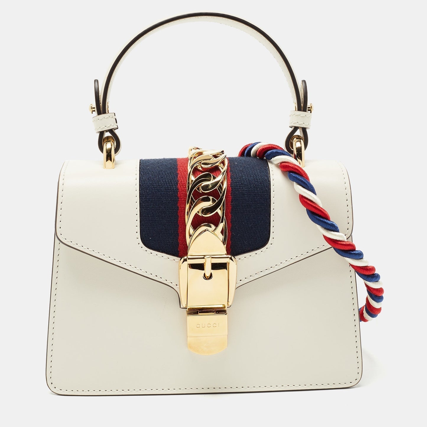 Luxury Gucci White Leather Mini Web Sylvie Top Handle Bag