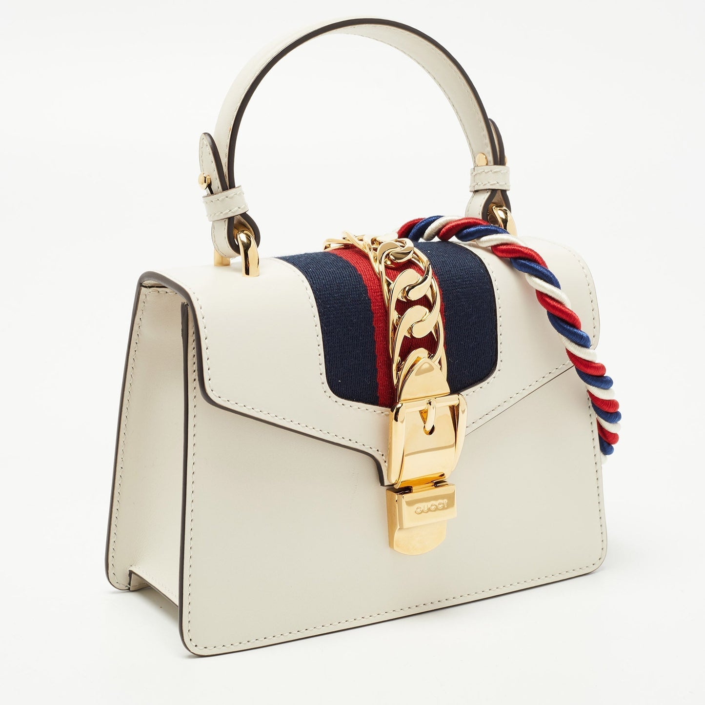 Luxury Gucci White Leather Mini Web Sylvie Top Handle Bag