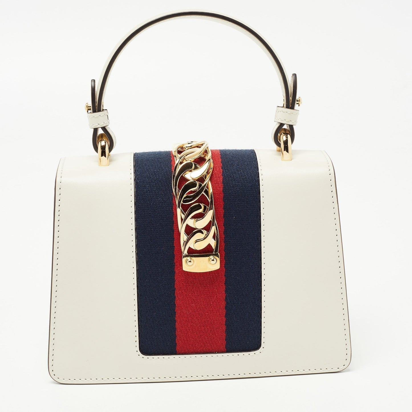 Luxury Gucci White Leather Mini Web Sylvie Top Handle Bag