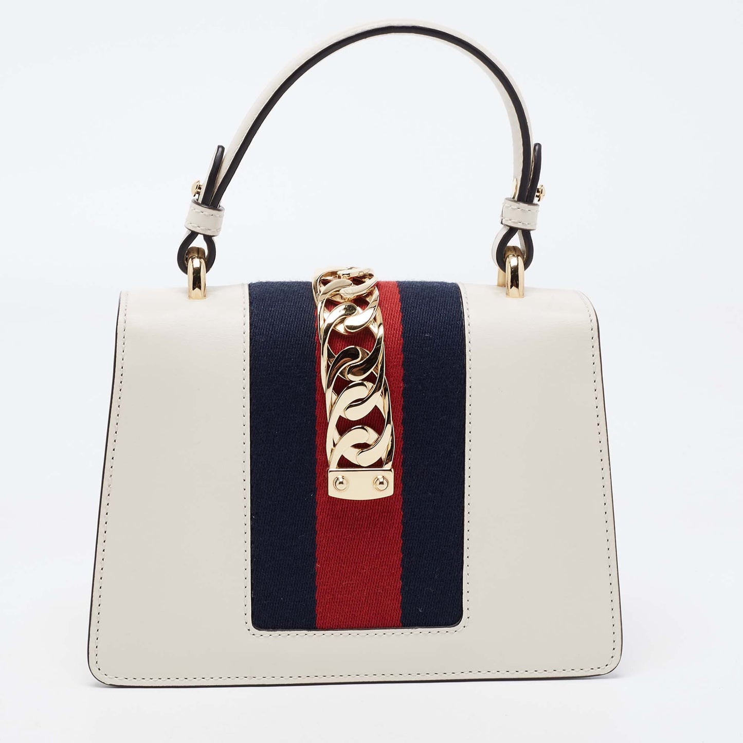 Luxury Gucci Off White Leather Mini Web Sylvie Top Handle Bag