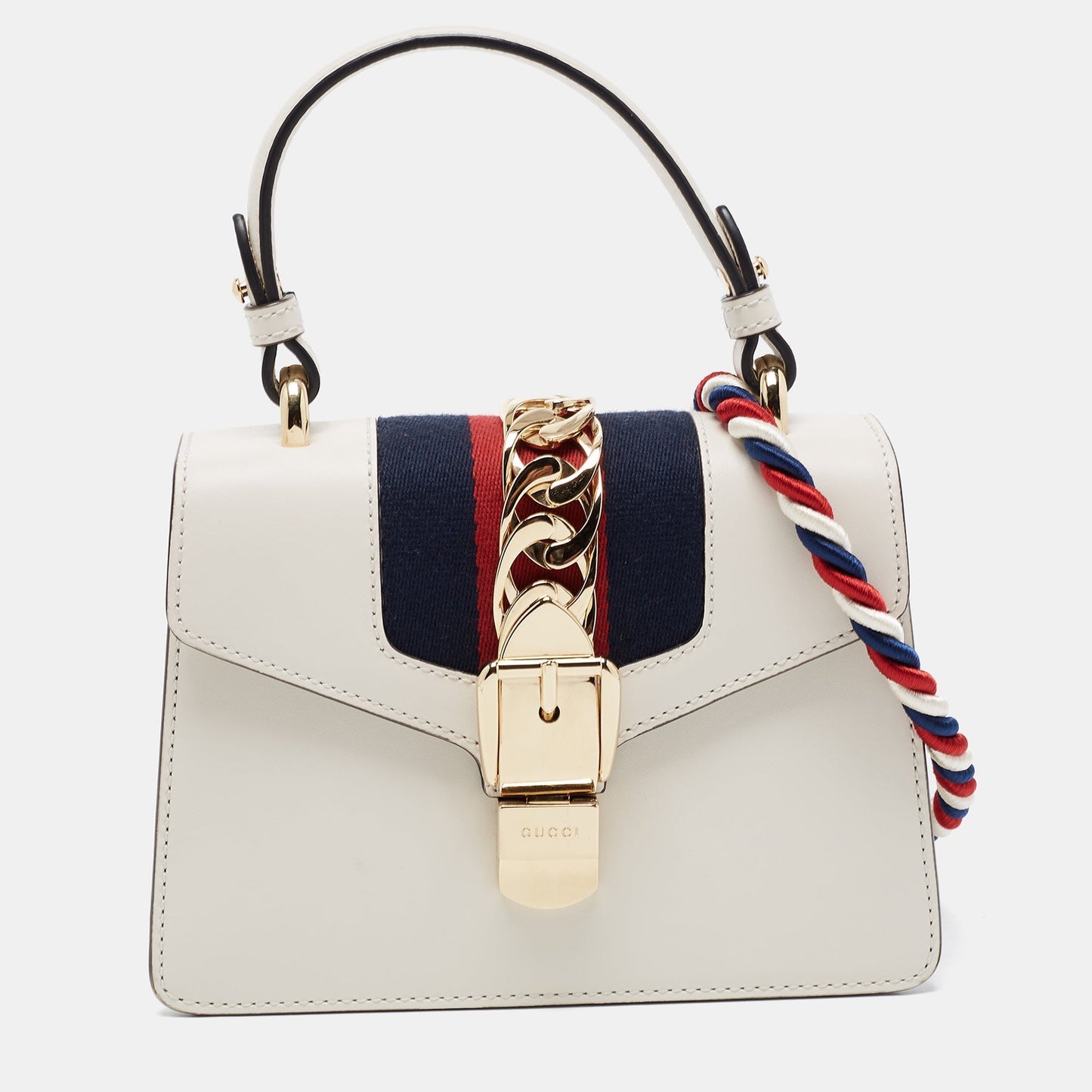 Luxury Gucci Off White Leather Mini Web Sylvie Top Handle Bag