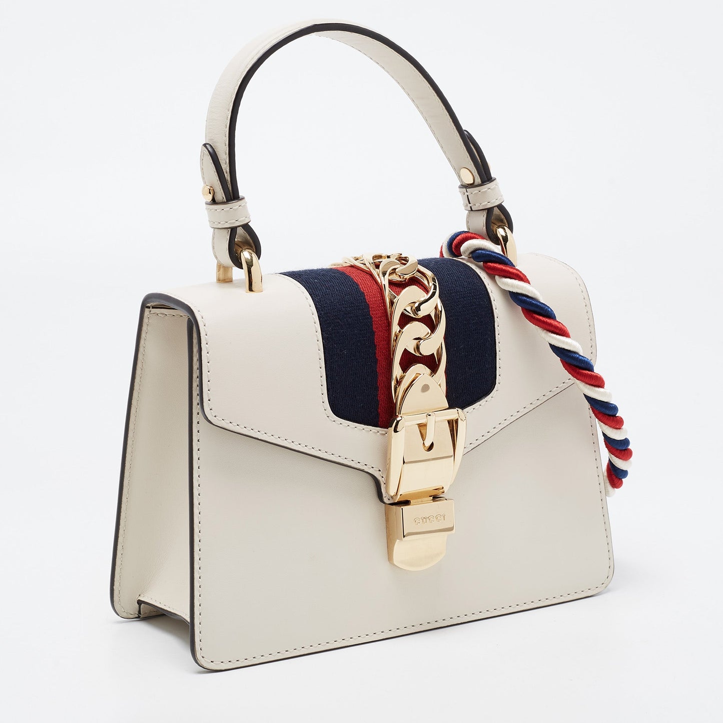 Luxury Gucci Off White Leather Mini Web Sylvie Top Handle Bag