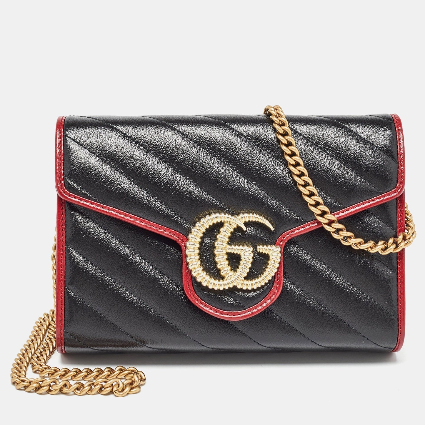 Luxury Gucci Trending 2025 Black/Red Diagonal Quilt Leather GG Marmont Torchon Wallet on Chain