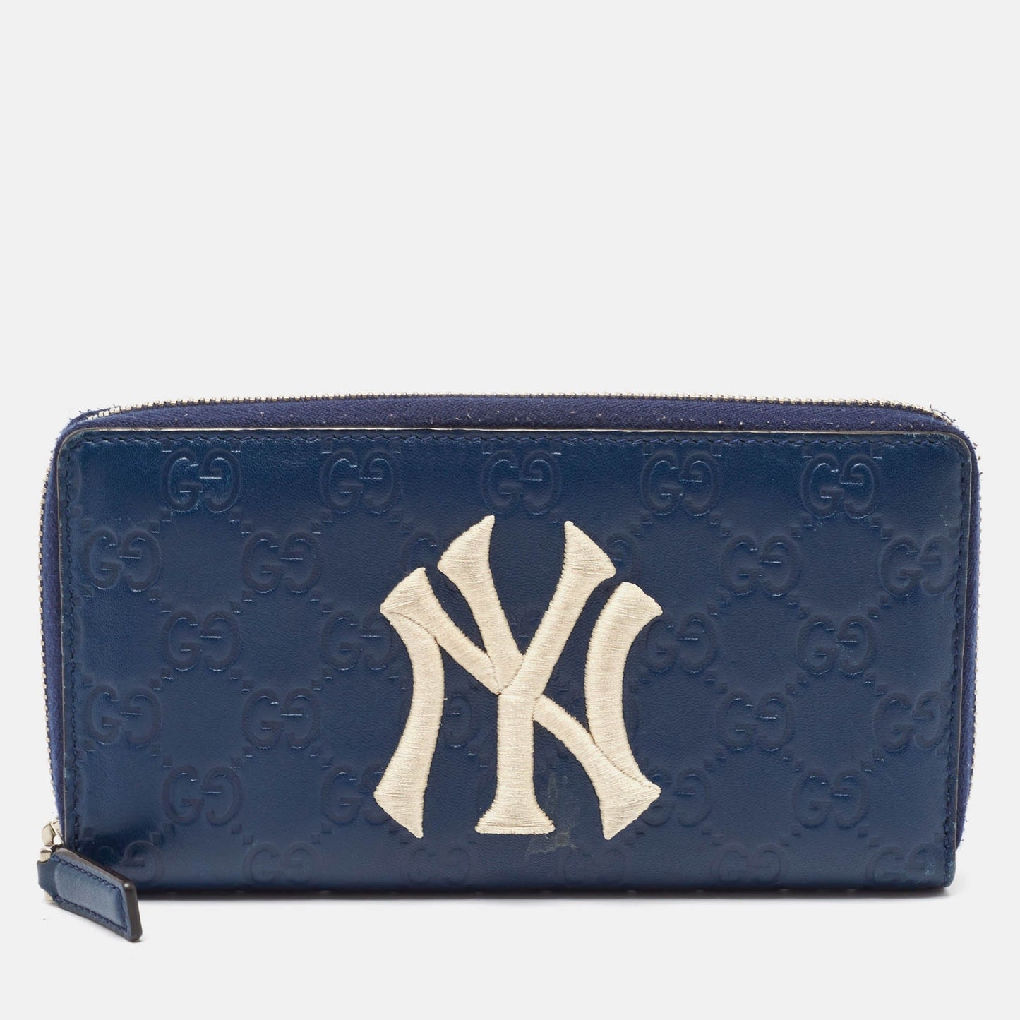 Luxury Gucci Trending 2025 Blue ssima Leather NY Yankees Patch Zip Around Wallet