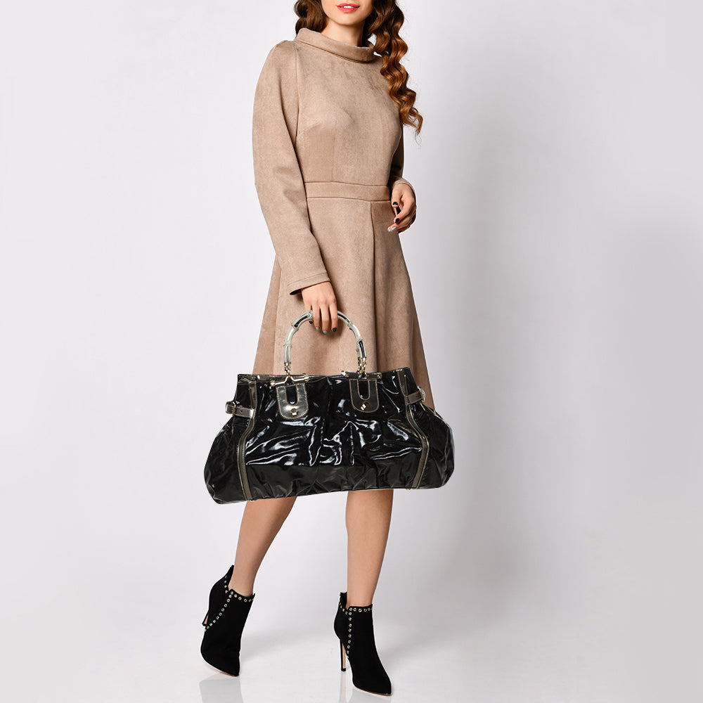 Luxury Gucci Black Coated Canvas and Leather Dialux Pop Bamboo Satchel