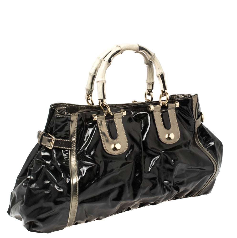 Luxury Gucci Black Coated Canvas and Leather Dialux Pop Bamboo Satchel
