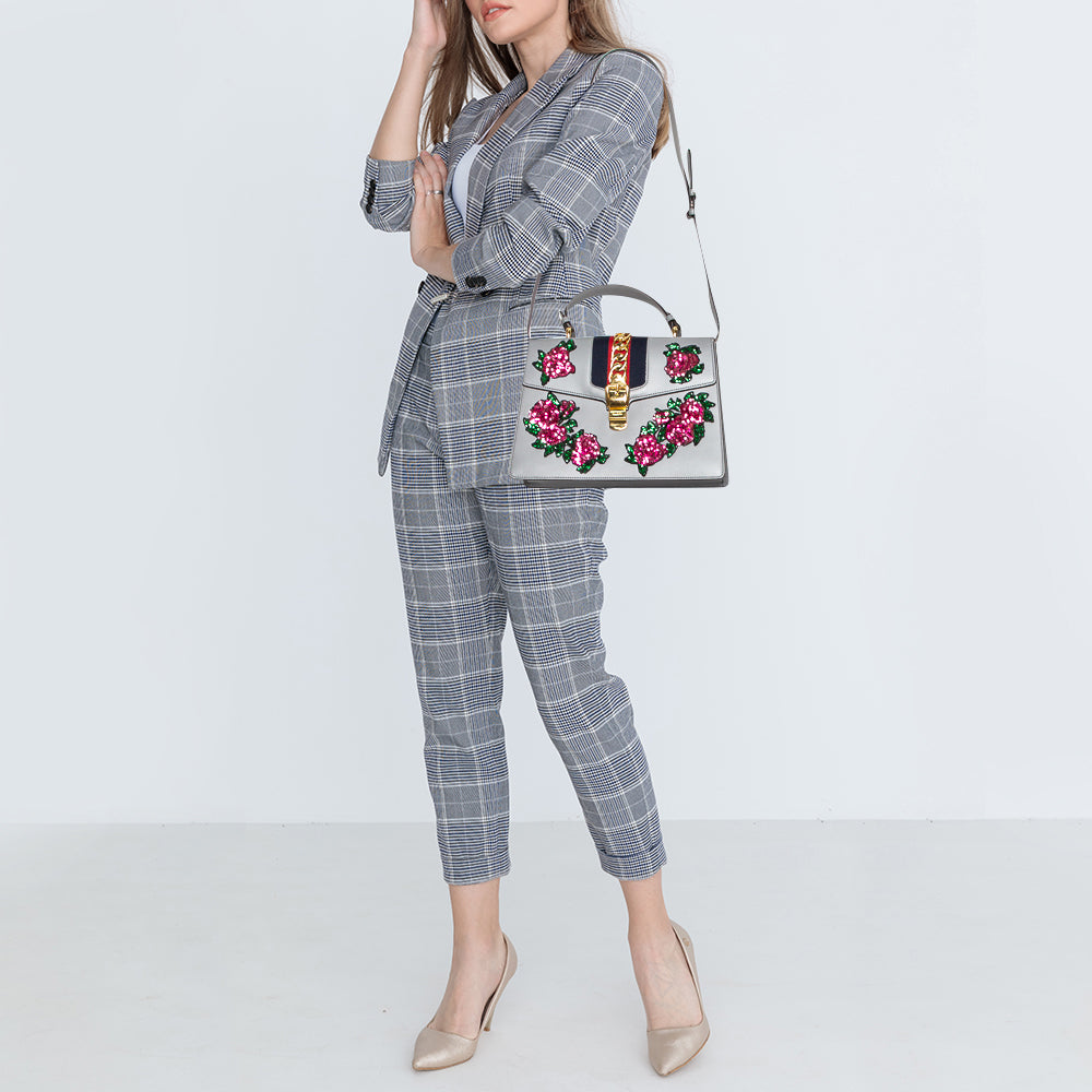 Luxury Gucci Grey Floral Sequins Patch Leather Medium Sylvie Top Handle Bag