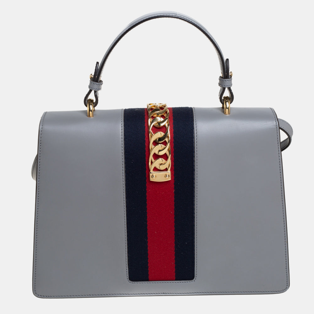 Luxury Gucci Grey Floral Sequins Patch Leather Medium Sylvie Top Handle Bag
