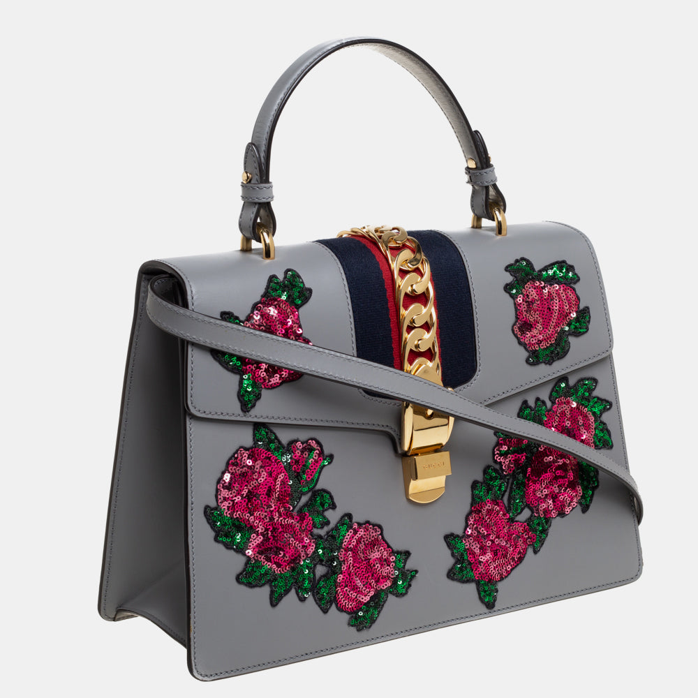 Luxury Gucci Grey Floral Sequins Patch Leather Medium Sylvie Top Handle Bag