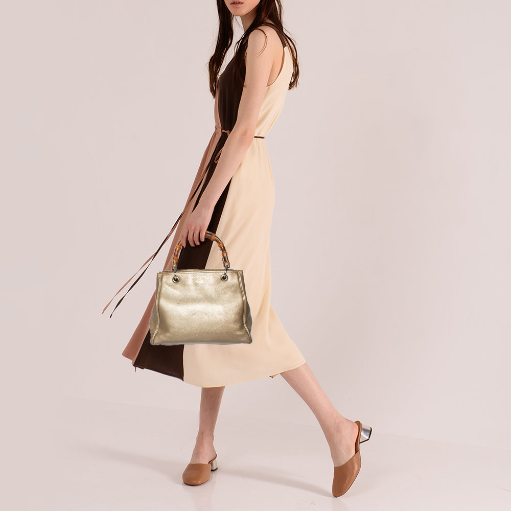 Luxury Gucci Metallic Gold Leather Bamboo Top Handle Shopper Tote