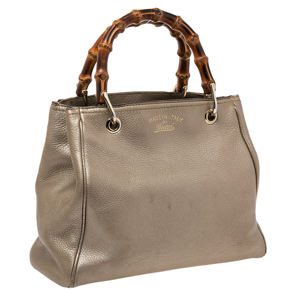 Luxury Gucci Metallic Gold Leather Bamboo Top Handle Shopper Tote