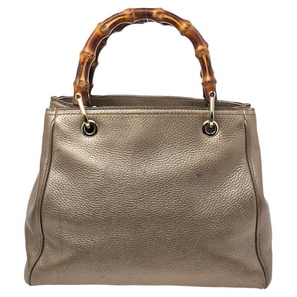 Luxury Gucci Metallic Gold Leather Bamboo Top Handle Shopper Tote