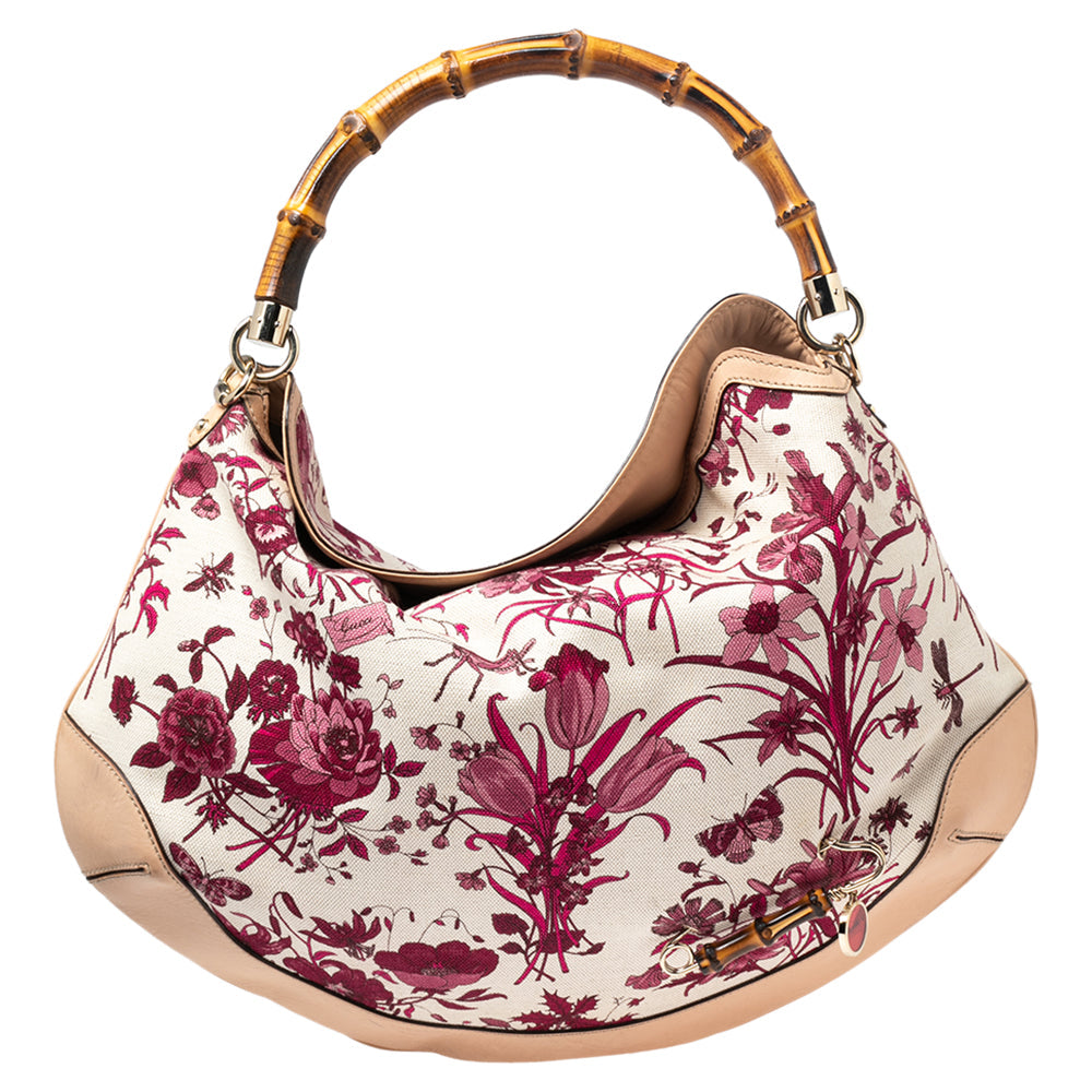Luxury Gucci White/Pink Floral Canvas and Leather Peggy Bamboo Handle Hobo
