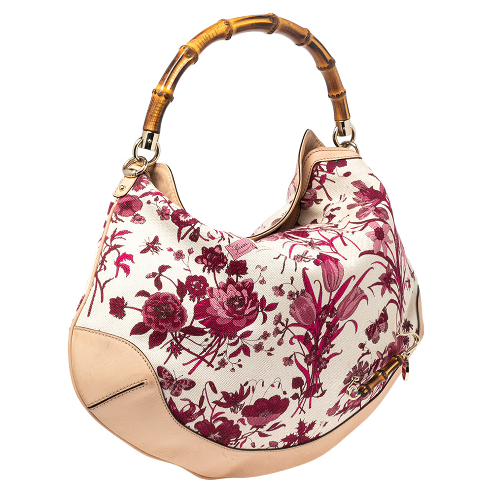 Luxury Gucci White/Pink Floral Canvas and Leather Peggy Bamboo Handle Hobo