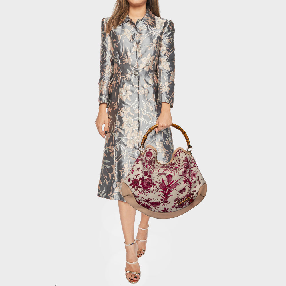 Luxury Gucci White/Pink Floral Canvas and Leather Peggy Bamboo Handle Hobo