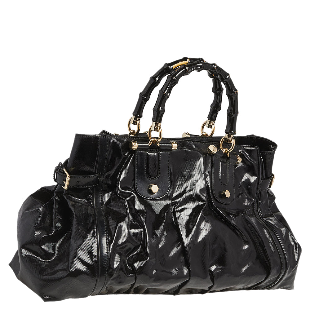 Luxury Gucci Black Coated Canvas and Leather Dialux Pop Bamboo Satchel
