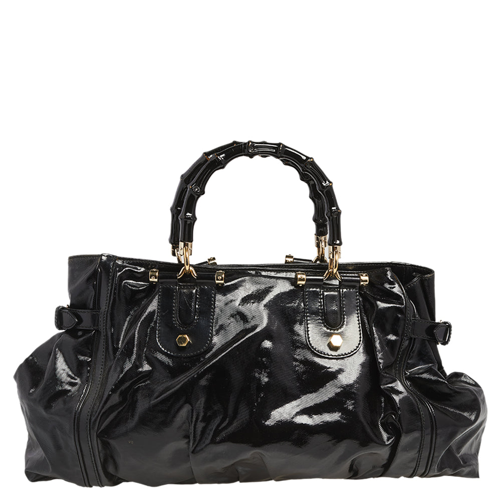 Luxury Gucci Black Coated Canvas and Leather Dialux Pop Bamboo Satchel