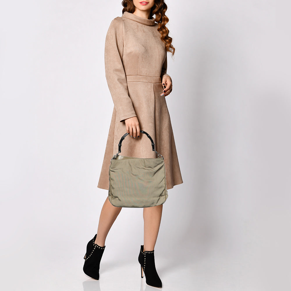 Luxury Gucci Khaki Nylon and Leather Bamboo Handle Hobo
