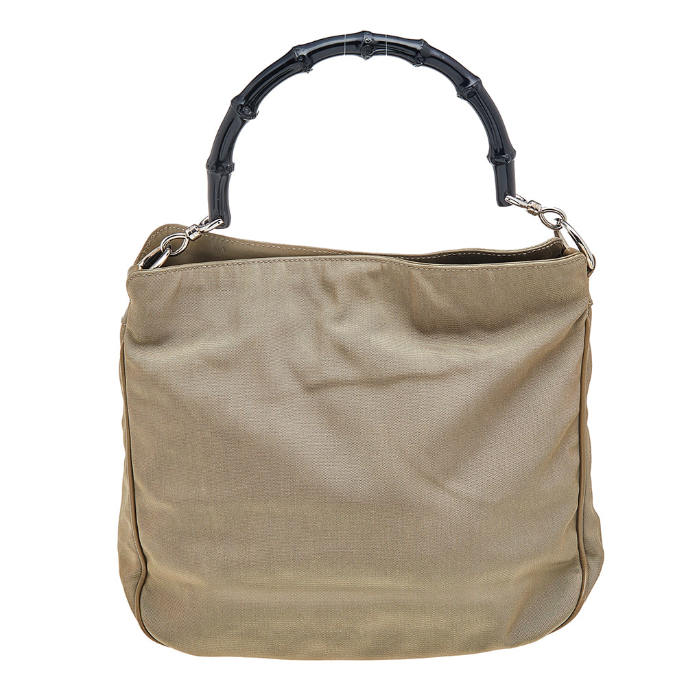Luxury Gucci Khaki Nylon and Leather Bamboo Handle Hobo