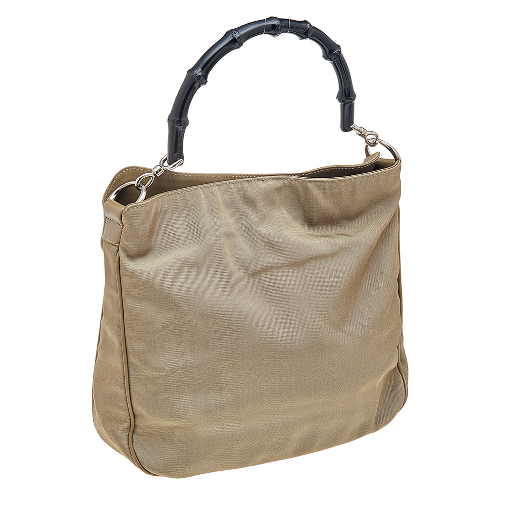 Luxury Gucci Khaki Nylon and Leather Bamboo Handle Hobo