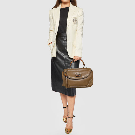 Luxury Gucci Trending 2025 Brown Leather Large New Bamboo Tassel Top Handle bag