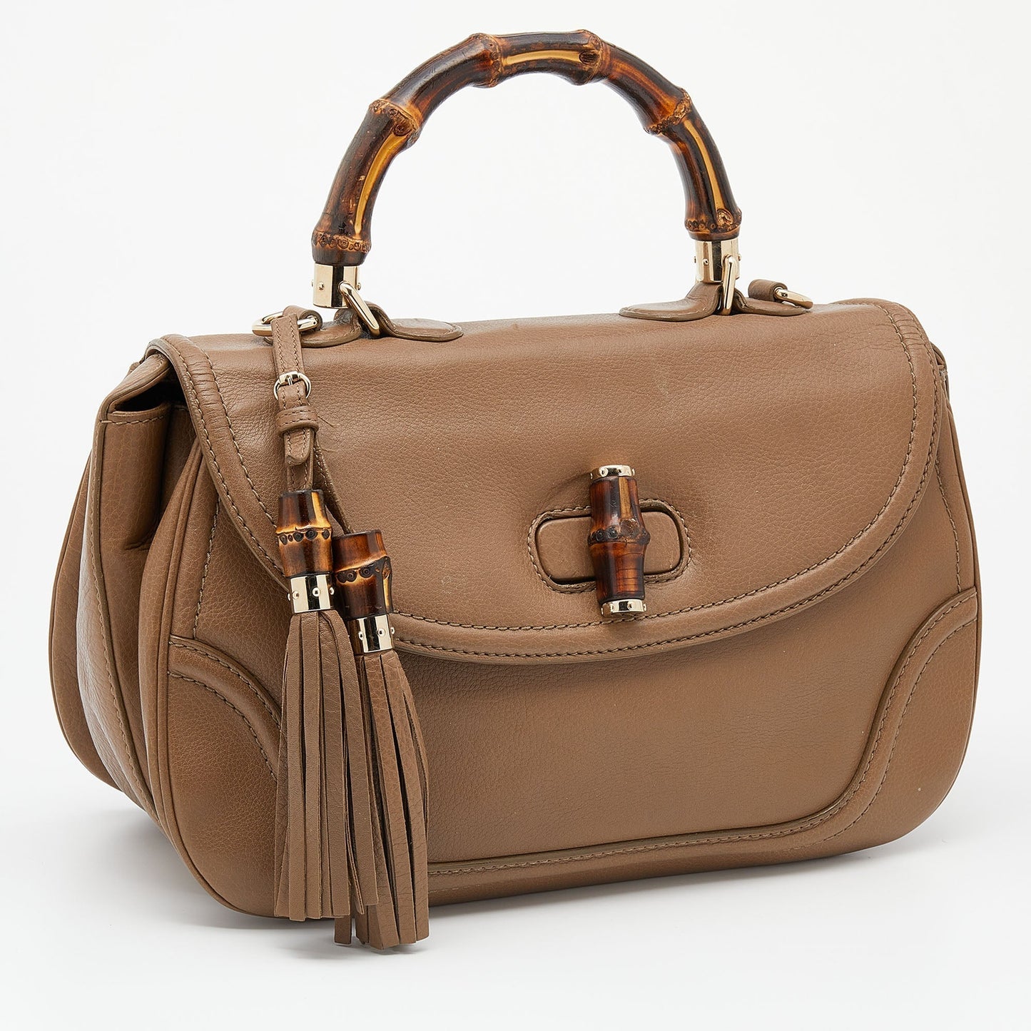 Luxury Gucci Trending 2025 Brown Leather Large New Bamboo Tassel Top Handle bag