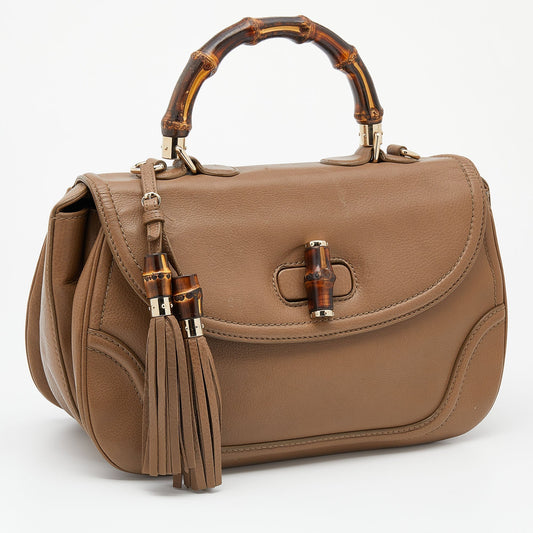 Luxury Gucci Trending 2025 Brown Leather Large New Bamboo Tassel Top Handle bag