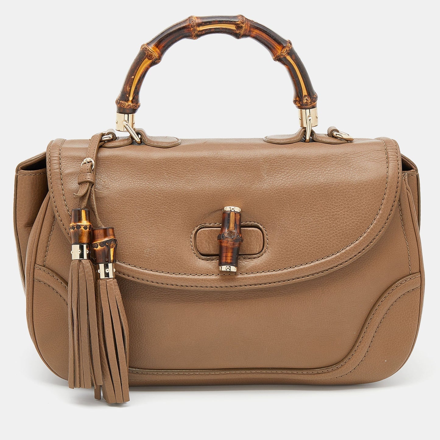 Luxury Gucci Trending 2025 Brown Leather Large New Bamboo Tassel Top Handle bag