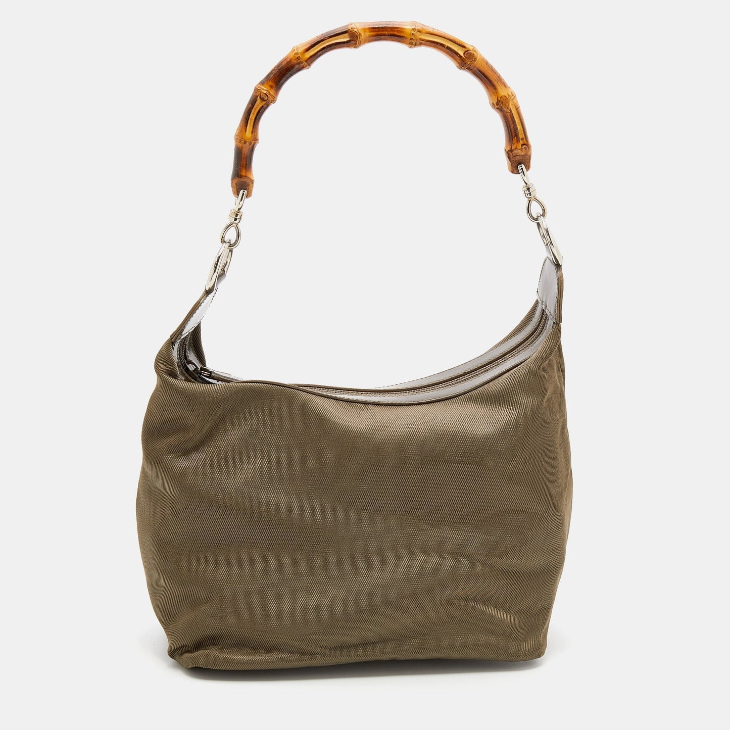 Luxury Gucci Olive Green Canvas And Patent Leather Peggy Bamboo Hobo