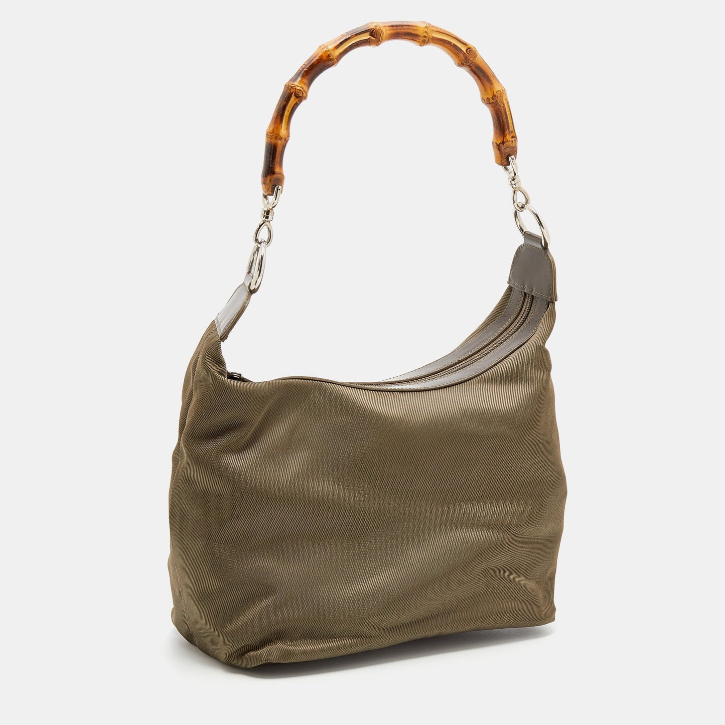 Luxury Gucci Olive Green Canvas And Patent Leather Peggy Bamboo Hobo