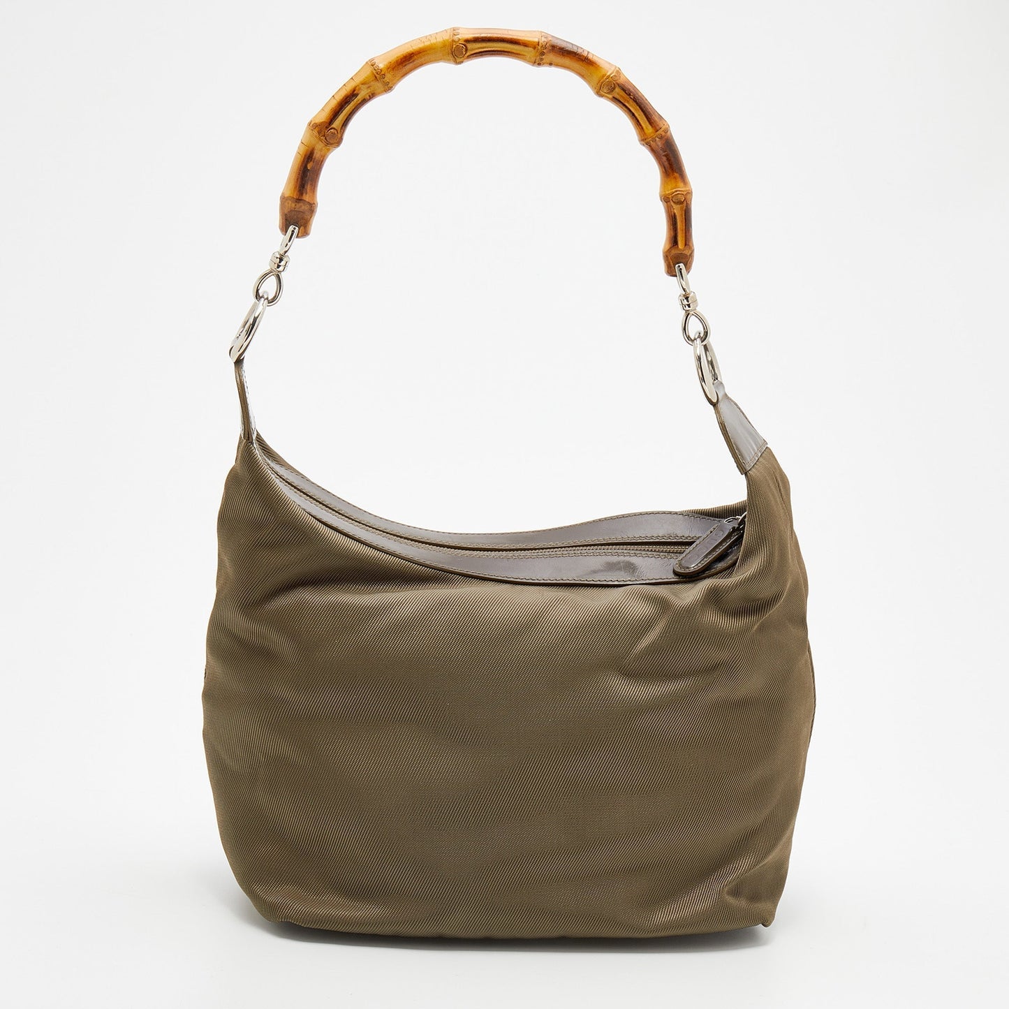 Luxury Gucci Olive Green Canvas And Patent Leather Peggy Bamboo Hobo