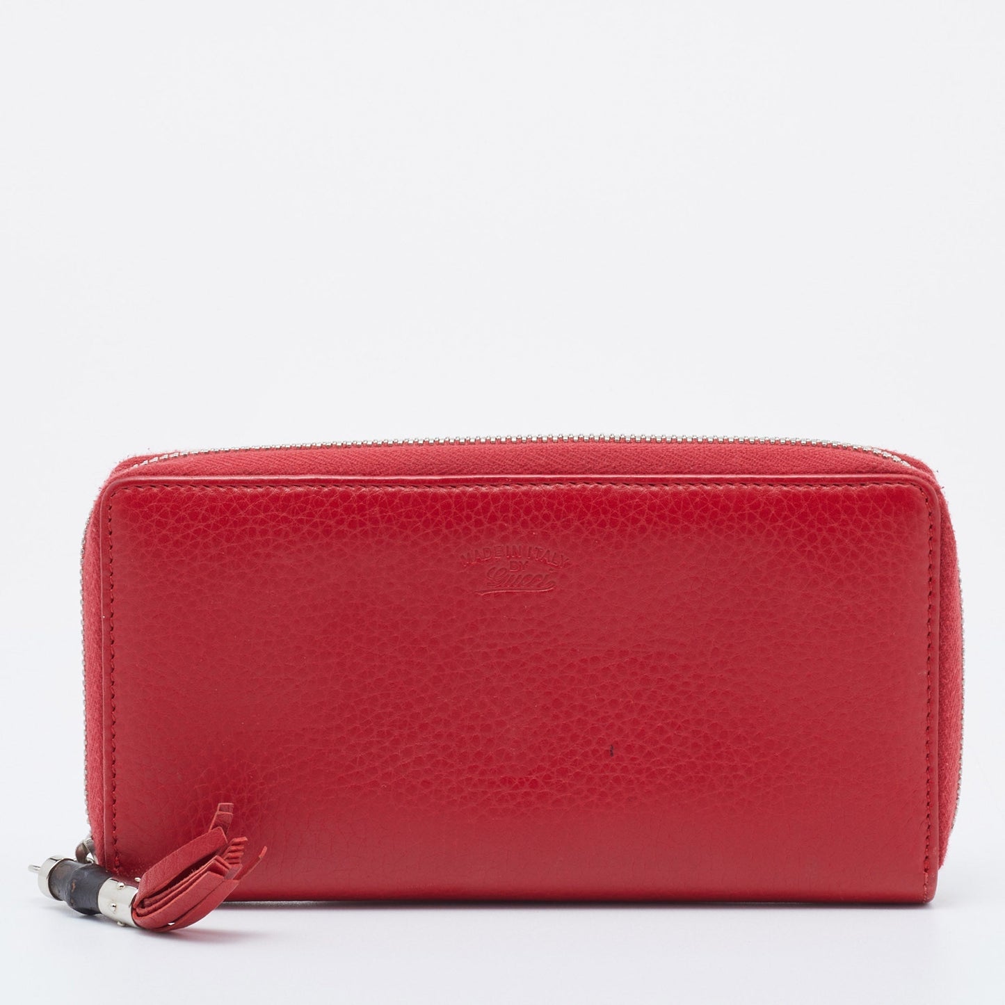 Luxury Gucci Red Leather Bamboo Tassel Zip Around Wallet