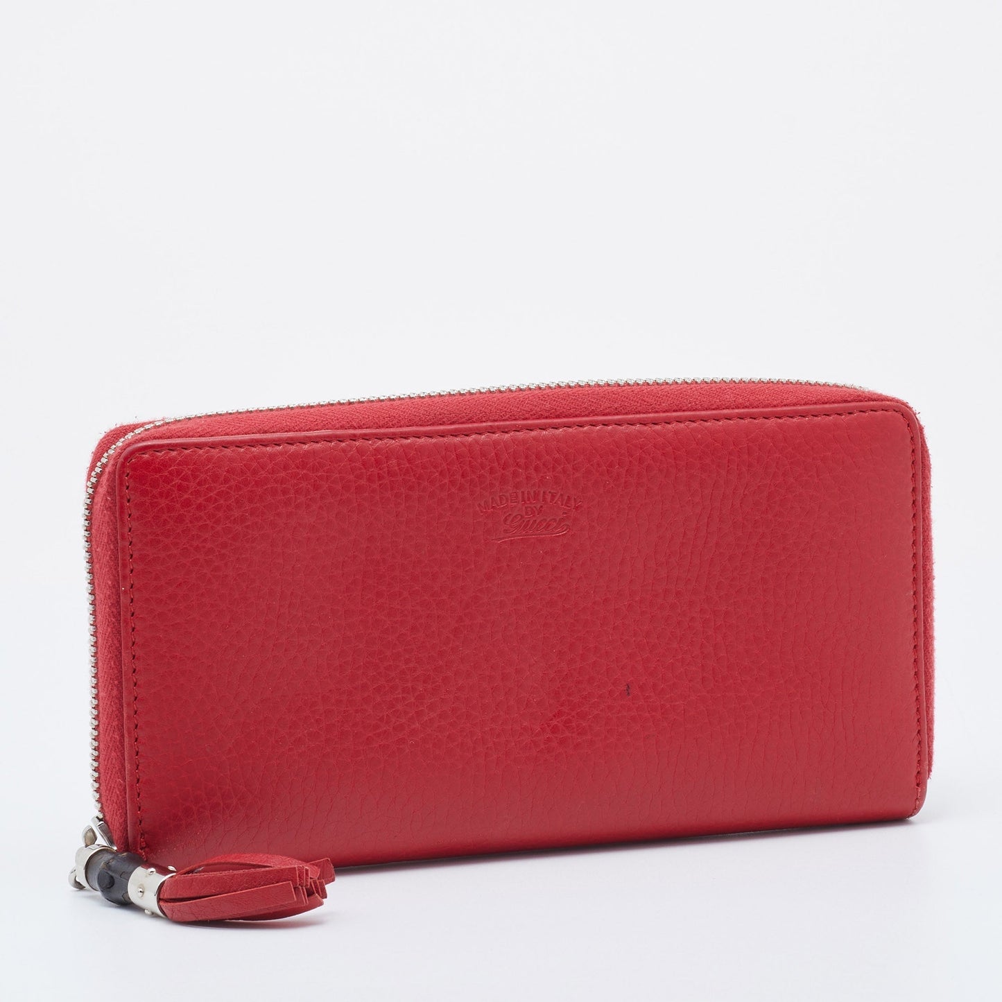 Luxury Gucci Red Leather Bamboo Tassel Zip Around Wallet