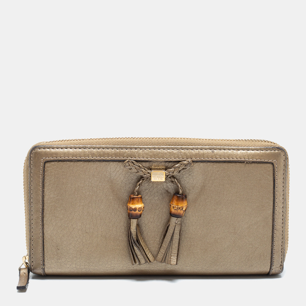 Luxury Gucci Gold Leather Bamboo Tassel Bow Zip Around Wallet