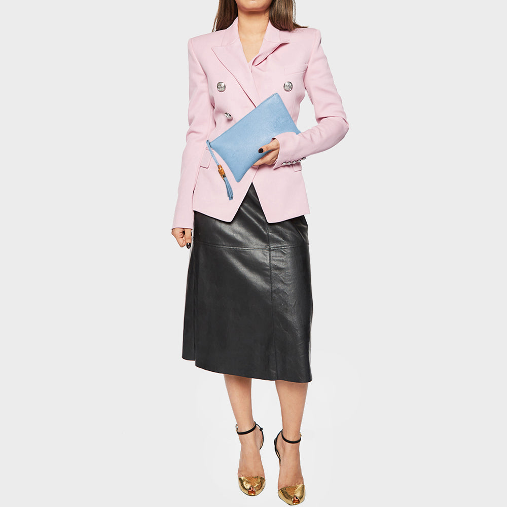 Luxury Gucci Light Blue Leather Bamboo Tassel Clutch