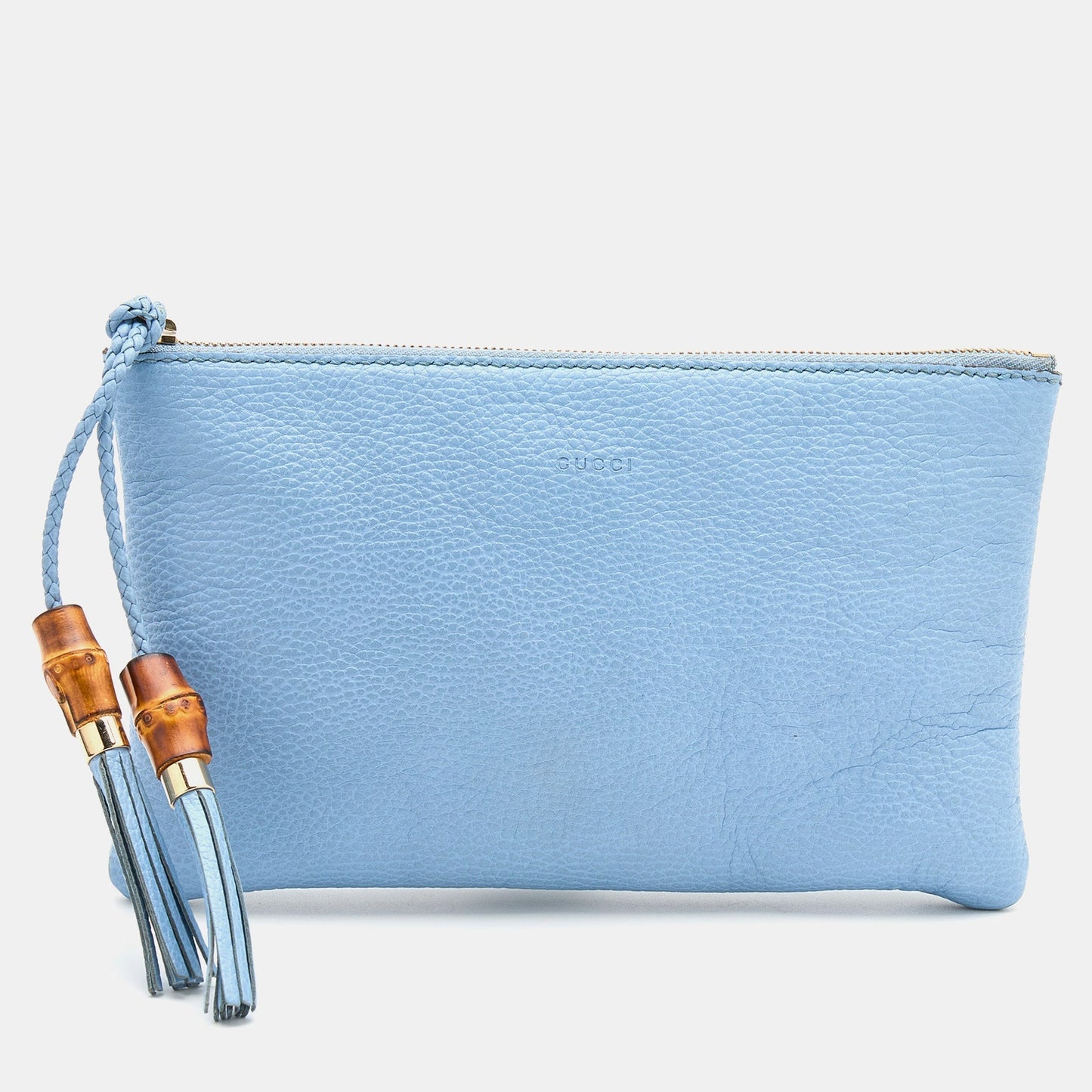 Luxury Gucci Light Blue Leather Bamboo Tassel Clutch