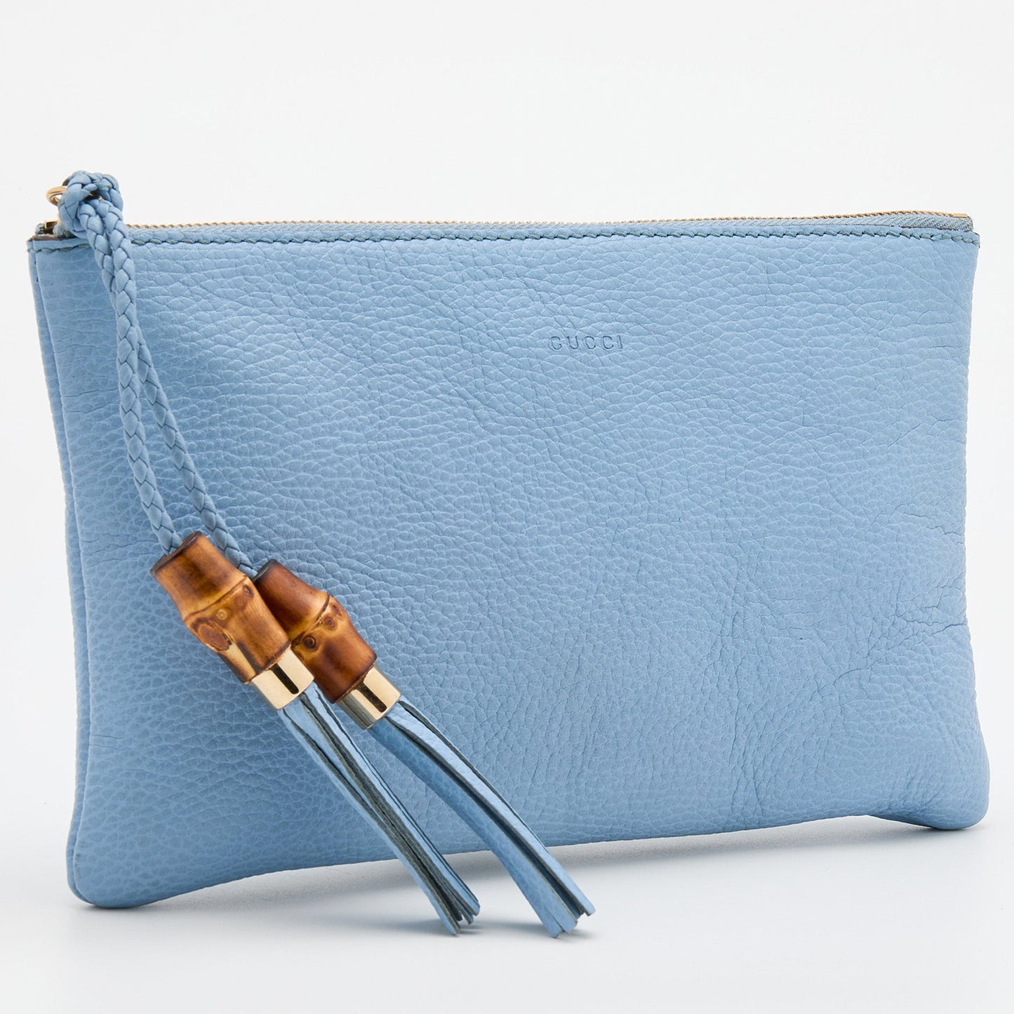 Luxury Gucci Light Blue Leather Bamboo Tassel Clutch