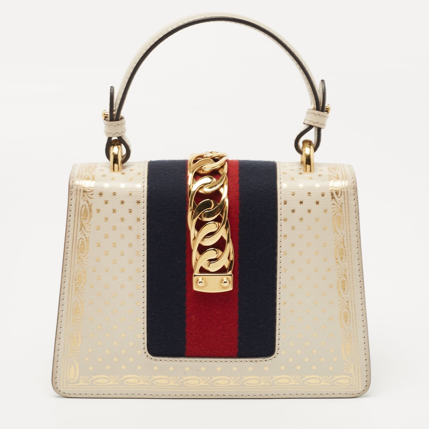 Luxury Gucci Off White Star Print Leather Mini Sylvie Top Handle Bag