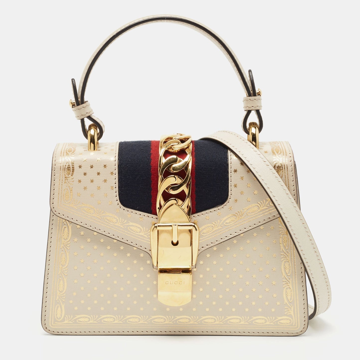 Luxury Gucci Off White Star Print Leather Mini Sylvie Top Handle Bag