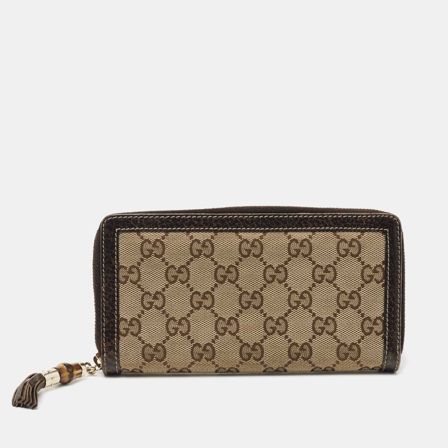 Luxury Gucci Beige/Brown GG Canvas and Leather Bamboo Tassel Zip Around Wallet
