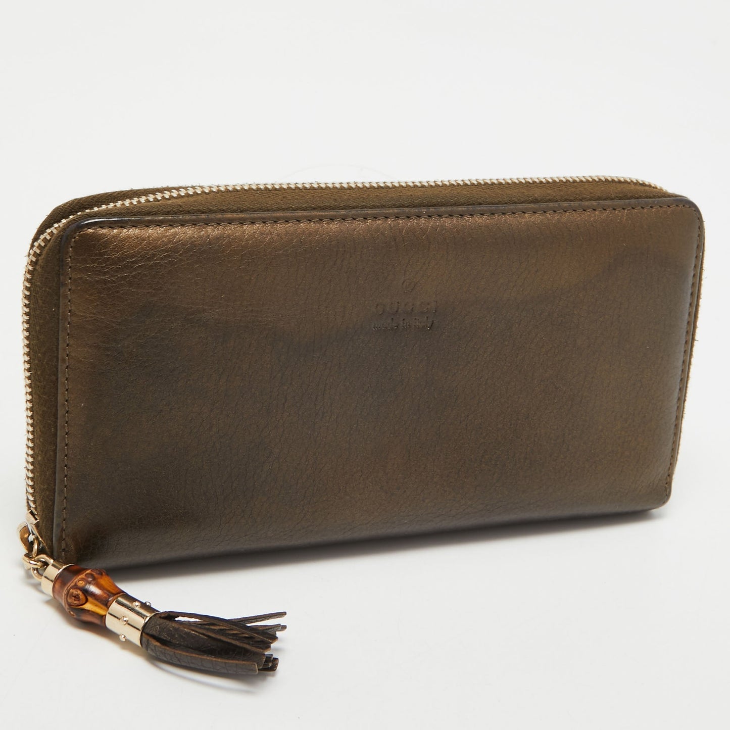 Luxury Gucci Metallic Leather Bamboo Tassel Zip Around Wallet