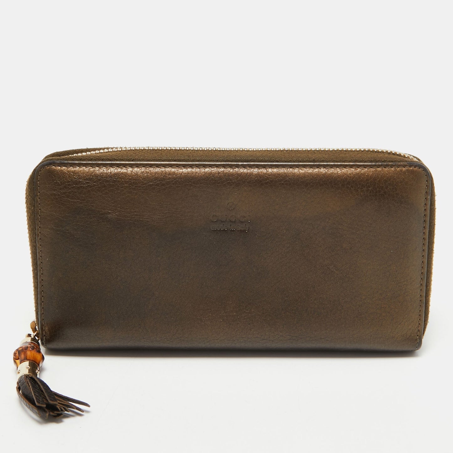 Luxury Gucci Metallic Leather Bamboo Tassel Zip Around Wallet