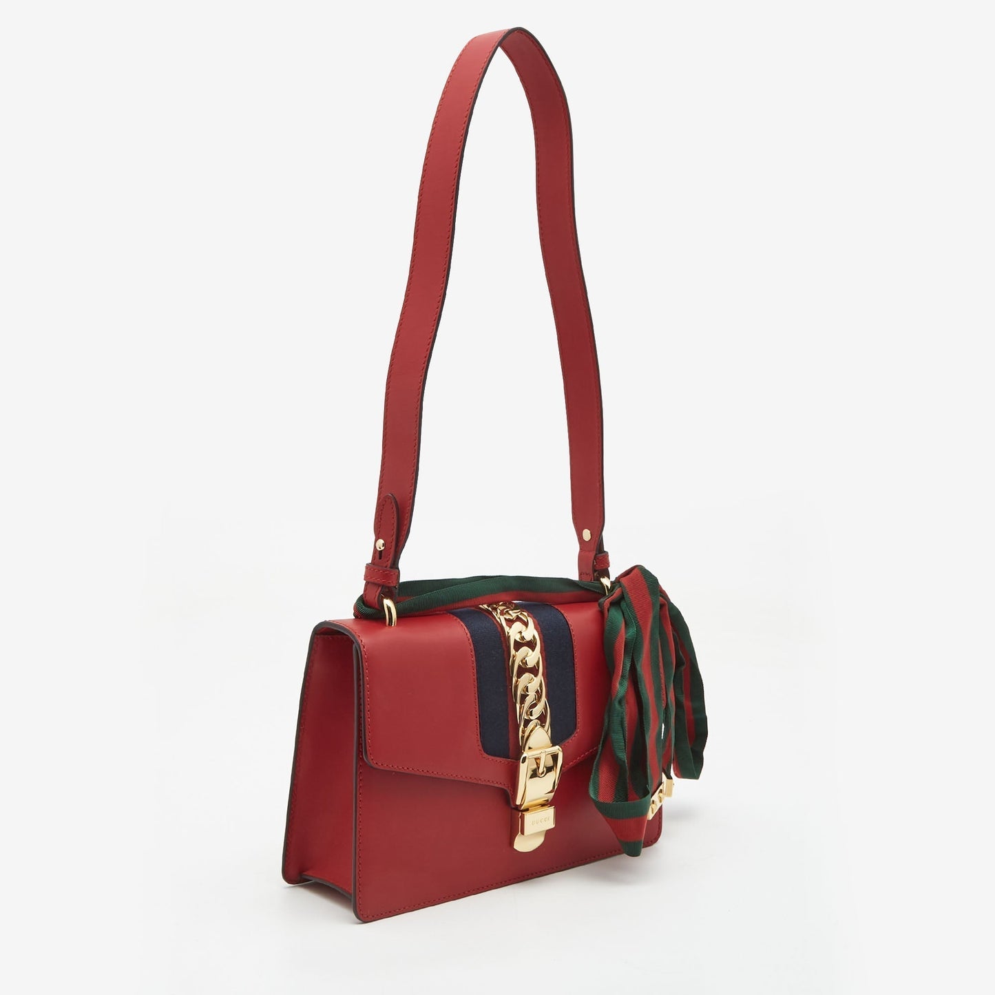 Luxury Gucci Red Leather Small Web Sylvie Shoulder Bag