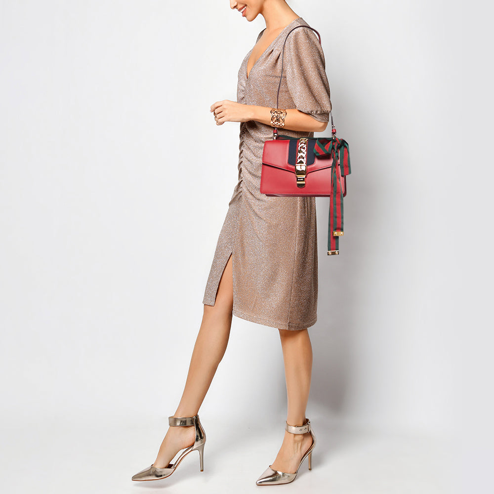 Luxury Gucci Red Leather Small Web Sylvie Shoulder Bag