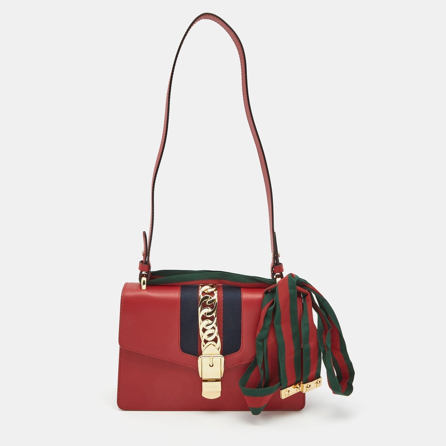 Luxury Gucci Red Leather Small Web Sylvie Shoulder Bag