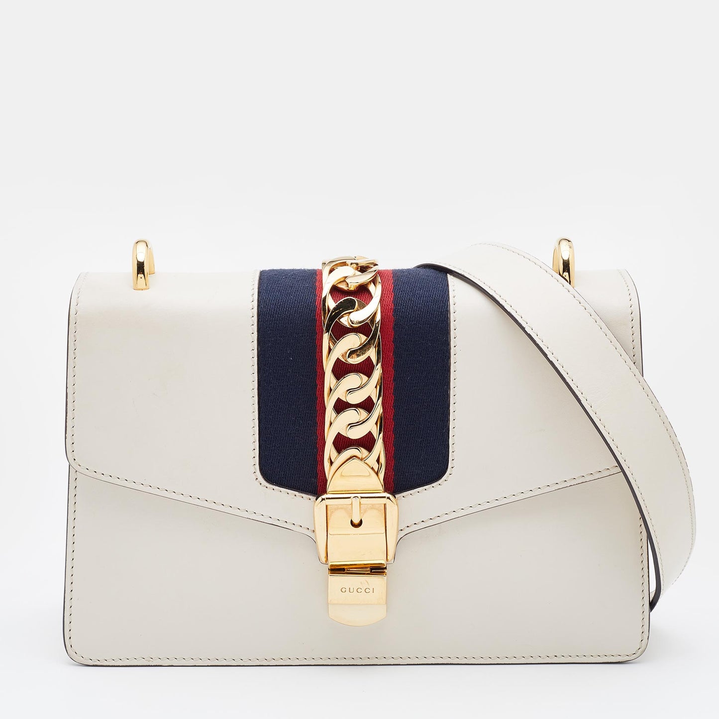 Luxury Gucci Off White Leather Small Web Sylvie Shoulder Bag