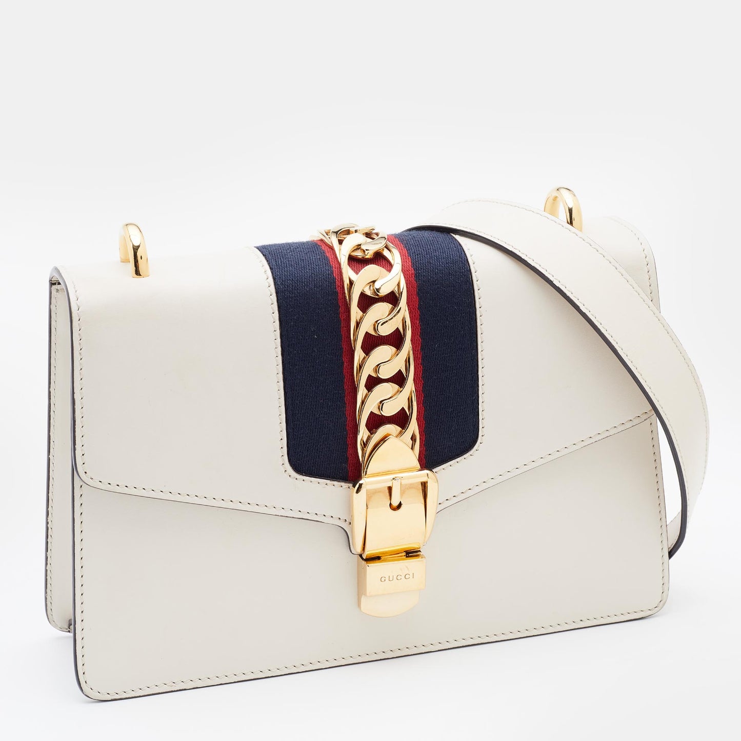 Luxury Gucci Off White Leather Small Web Sylvie Shoulder Bag