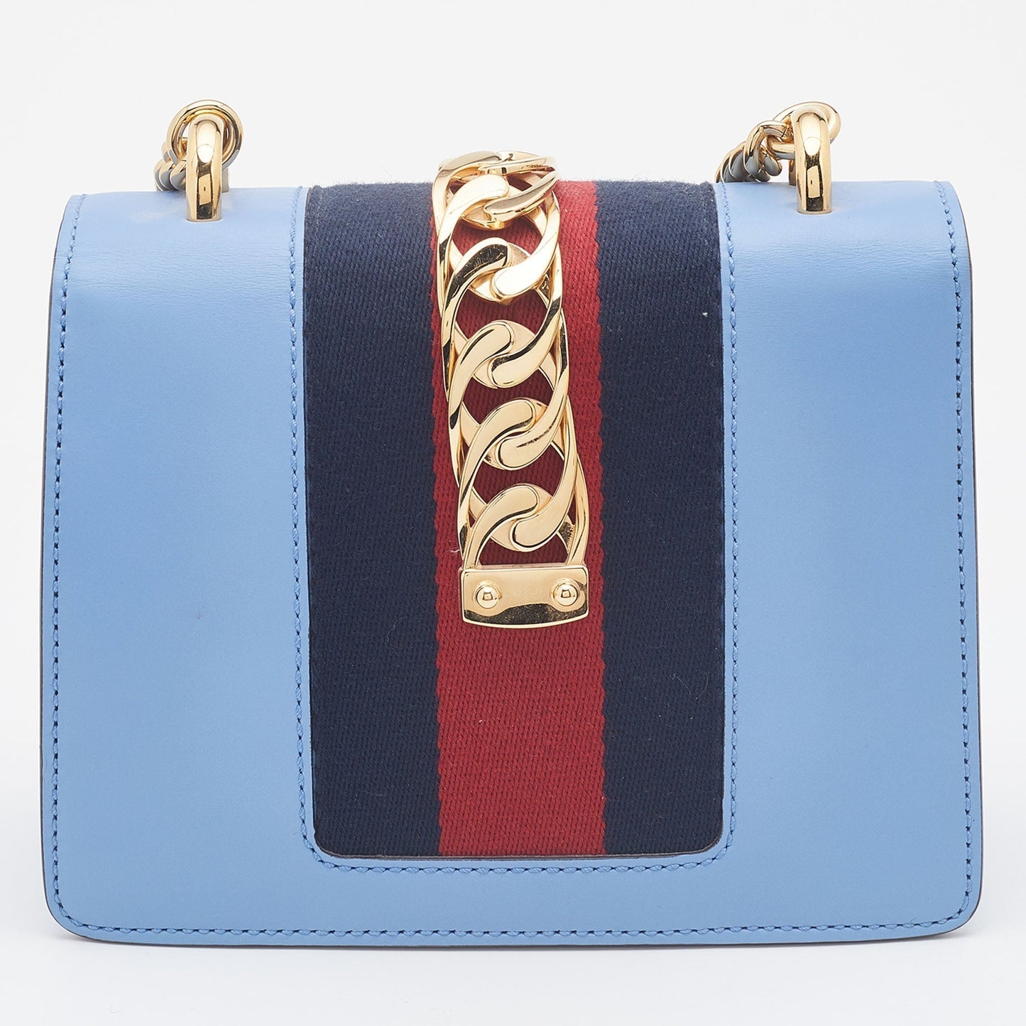 Luxury Gucci Light Blue Leather Mini Chain Sylvie Crossbody Bag