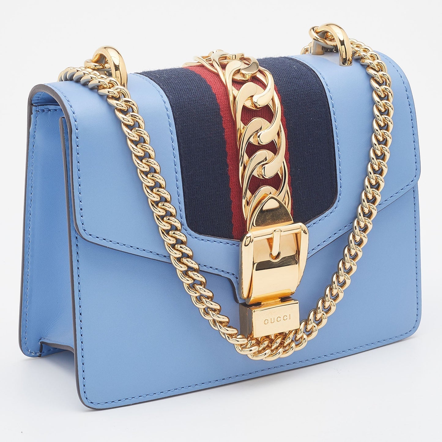 Luxury Gucci Light Blue Leather Mini Chain Sylvie Crossbody Bag